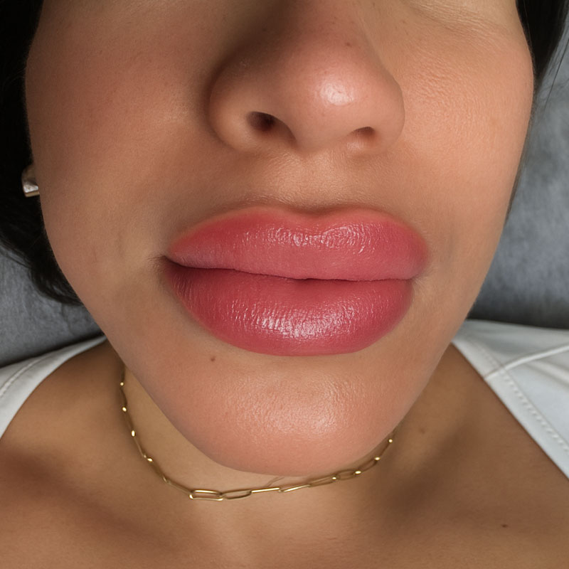 A close up image showing the soft, natural result of a healed lip blush tattoo